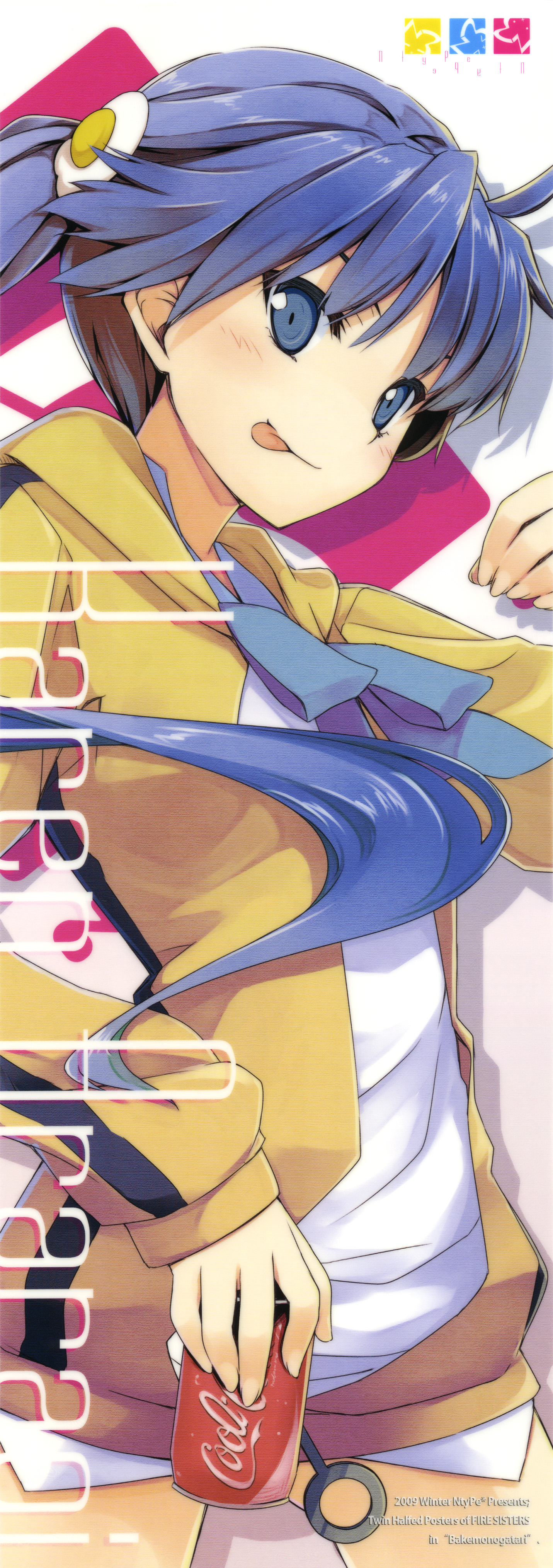 mizoguchi keiji, araragi karen, bakemonogatari, coca-cola, monogatari (series), absurdres, highres, long image, tall image, 00s, 1girl, blue eyes, blue hair, cola, female focus, hood, hooded track jacket, jacket, matching hair/eyes, side ponytail, soda, solo, tongue, track jacket