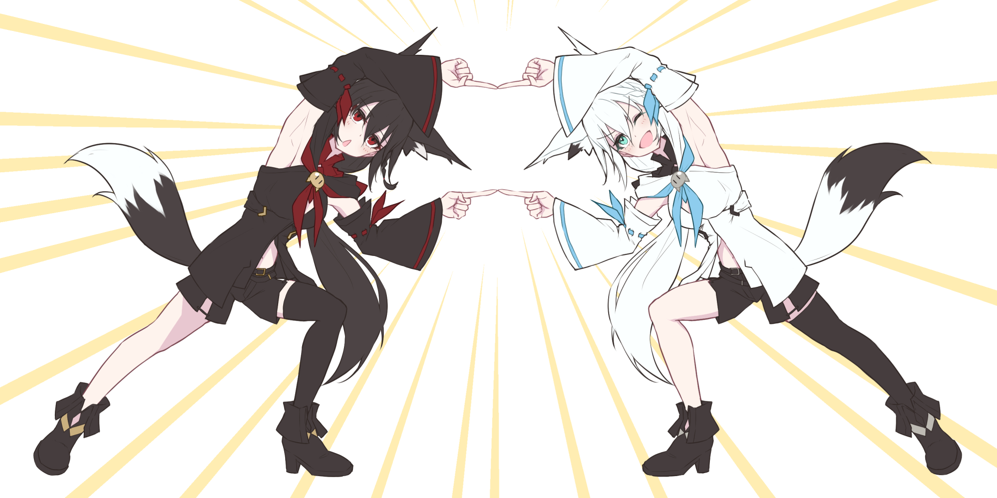 eihire, kurokami fubuki, shirakami fubuki, shirakami fubuki (1st costume), dragon ball, dragonball z, hololive, commentary, highres, traditional media, 2girls, ;d, animal ear fluff, animal ears, ankle boots, black boots, black hair, black shorts, black sleeves, black thighhighs, black vest, blue eyes, blue neckerchief, blush, boots, braid, dark persona, detached sleeves, double-parted bangs, emphasis lines, fold-over boots, fox ears, fox girl, fox tail, front slit, full body, fusion dance, hair between eyes, hood, hooded vest, hoodie, index fingers raised, leaning to the side, long hair, low ponytail, multiple girls, neckerchief, one eye closed, open mouth, ponytail, red eyes, red neckerchief, short shorts, shorts, side braid, side slit, side slit shorts, single thighhigh, smile, strapless, tail, thighhighs, vest, virtual youtuber, white hair, white sleeves, white vest, wide sleeves