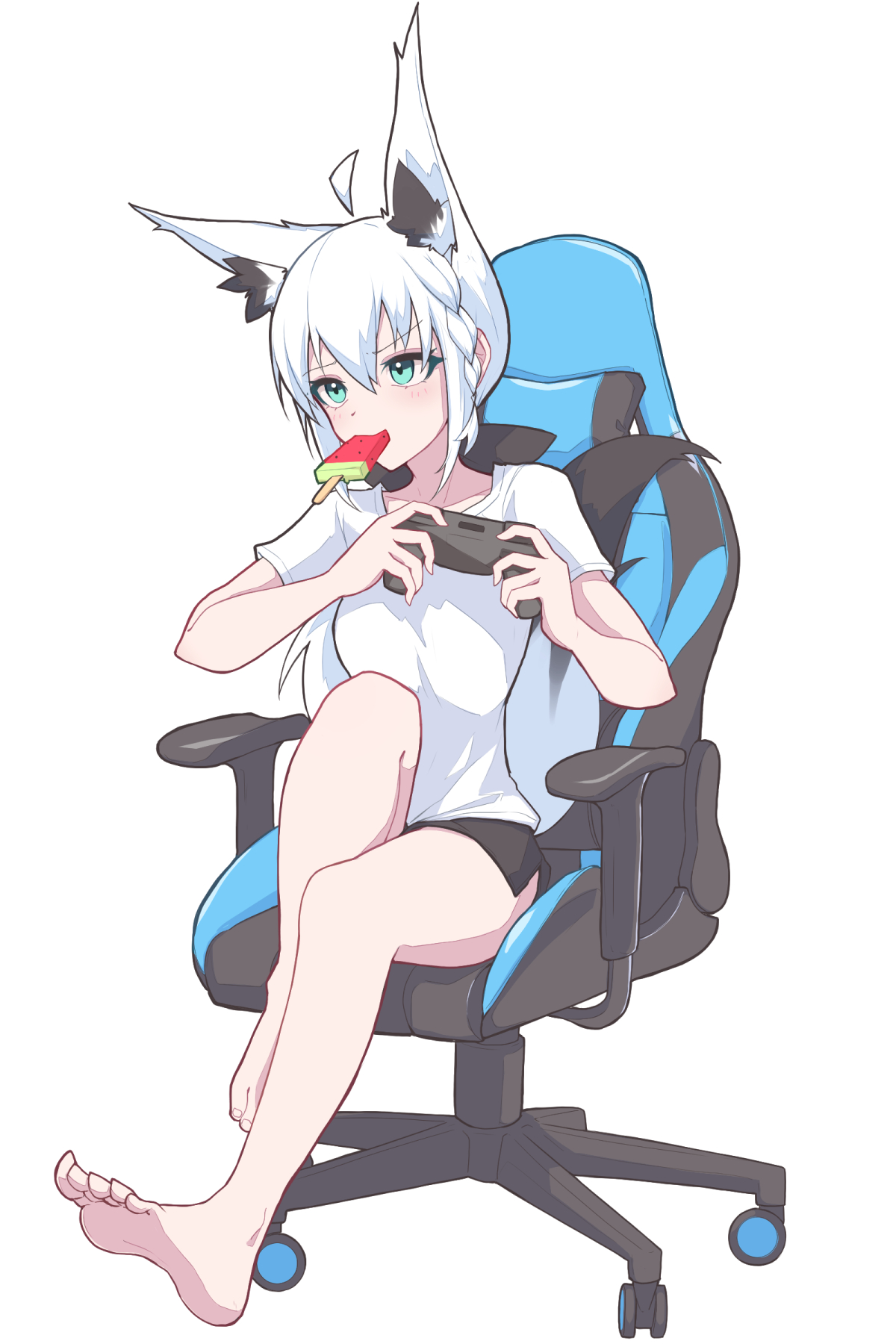 eihire, shirakami fubuki, hololive, hashtag-only commentary, highres, 1girl, ahoge, alternate costume, animal ear fluff, animal ears, barefoot, black ribbon, black shorts, blue eyes, braid, casual, chair, controller, double-parted bangs, food, food in mouth, fox ears, fox girl, fox tail, full body, game controller, gaming chair, hair between eyes, hair ribbon, holding, holding controller, holding game controller, long hair, loungewear, low ponytail, no piercings, on chair, playing games, ponytail, popsicle, popsicle in mouth, ribbon, shirt, short shorts, short sleeves, shorts, side braid, side slit, side slit shorts, simple background, solo, swivel chair, t-shirt, tail, virtual youtuber, watermelon bar, white background, white hair, white shirt