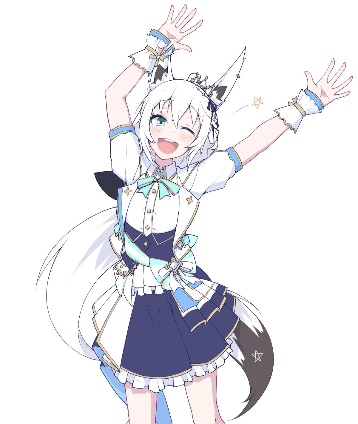 eihire, shirakami fubuki, hololive, hashtag-only commentary, highres, 1girl, ;d, animal ear fluff, animal ear piercing, animal ears, arm up, back bow, black ribbon, blue bow, blue bowtie, blue eyes, blue skirt, blush, bow, bowtie, braid, corset, dancing, double-parted bangs, fox ears, fox girl, fox tail, frilled skirt, frilled wrist cuffs, frills, hair between eyes, hair ribbon, hololive idol uniform (bright), idol clothes, jacket, layered skirt, long hair, looking at viewer, low ponytail, official alternate costume, one eye closed, open mouth, overskirt, ponytail, puffy short sleeves, puffy sleeves, ribbon, sash, shirt, short-sleeved jacket, short sleeves, side braid, simple background, skirt, smile, solo, tail, teeth, underbust, upper teeth only, virtual youtuber, waist bow, white background, white hair, white jacket, white shirt, white skirt, wrist cuffs