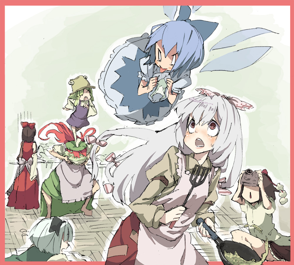 abara heiki, toi8, cirno, fujiwara no mokou, hakurei reimu, hong meiling, konpaku youmu, moriya suwako, shameimaru aya, touhou, non-web source, 6+girls, apron, barefoot, blue hair, border, bow, camera, cooking, detached sleeves, food, frog, frying pan, grey hair, hair bow, hat, holding, ice, ice wings, indoors, japanese clothes, juliet sleeves, long hair, long sleeves, miko, multiple girls, open mouth, outside border, puffy short sleeves, puffy sleeves, red border, red eyes, red hair, ribbon, short hair, short sleeves, socks, spatula, surprised, tokin hat, tongue, wings