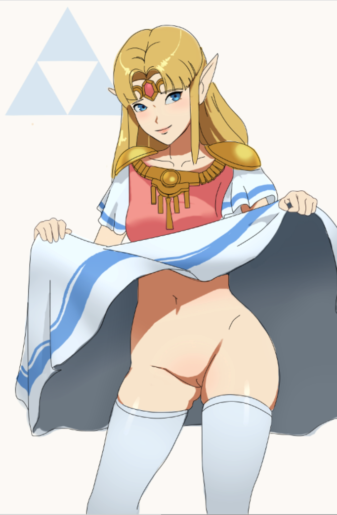 sunbeam (artist), princess zelda, nintendo, the legend of zelda, 1girl, blonde hair, blue eyes, bottomless, circlet, cleft of venus, clothes lift, dress, dress lift, gluteal fold, midriff, navel, pointy ears, pussy, simple background, skindentation, solo, thighhighs, triforce