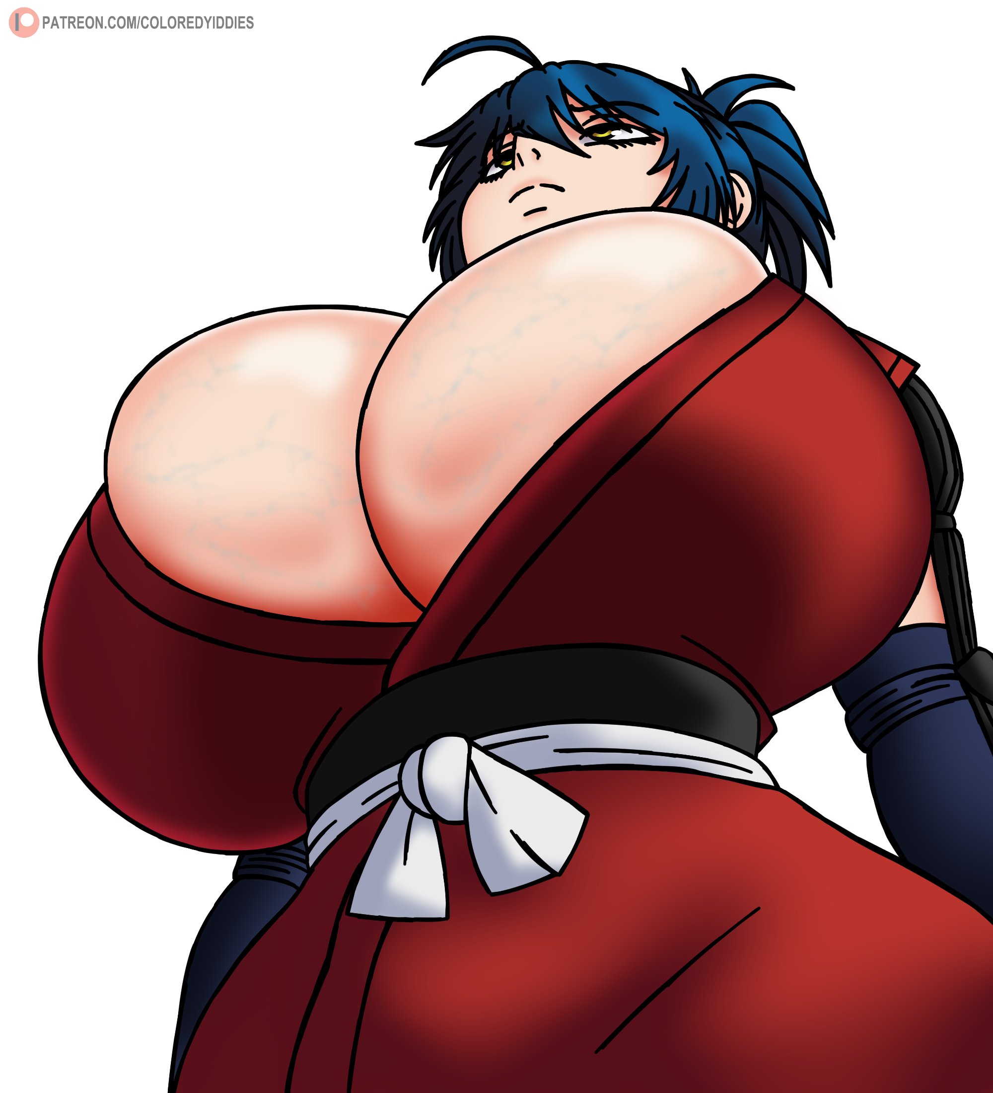 coloredyiddies, manyuu chifusa, manyuu hikenchou, absurdres, highres, 1girl, blue hair, breasts, cleavage, female focus, from below, huge breasts, japanese clothes, kimono, ponytail, short hair, skindentation, solo, veins, veiny breasts, yellow eyes
