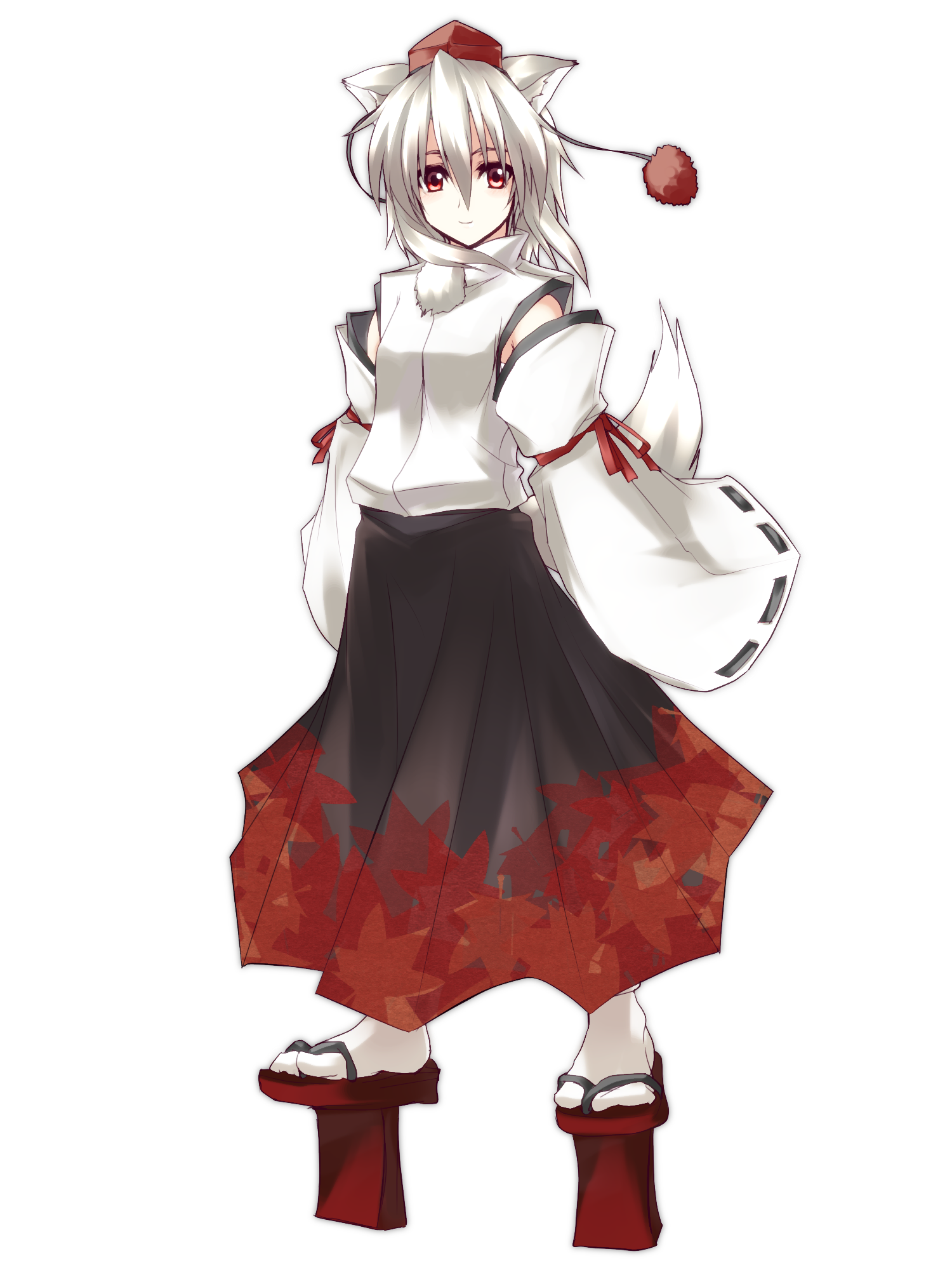 kurokawa (silve), inubashiri momiji, touhou, silver hair, highres, 1girl, animal ears, detached sleeves, female focus, full body, geta, hat, red eyes, sandals, short hair, smile, solo, tail, tengu-geta, tokin hat, transparent background, wolf ears, wolf tail