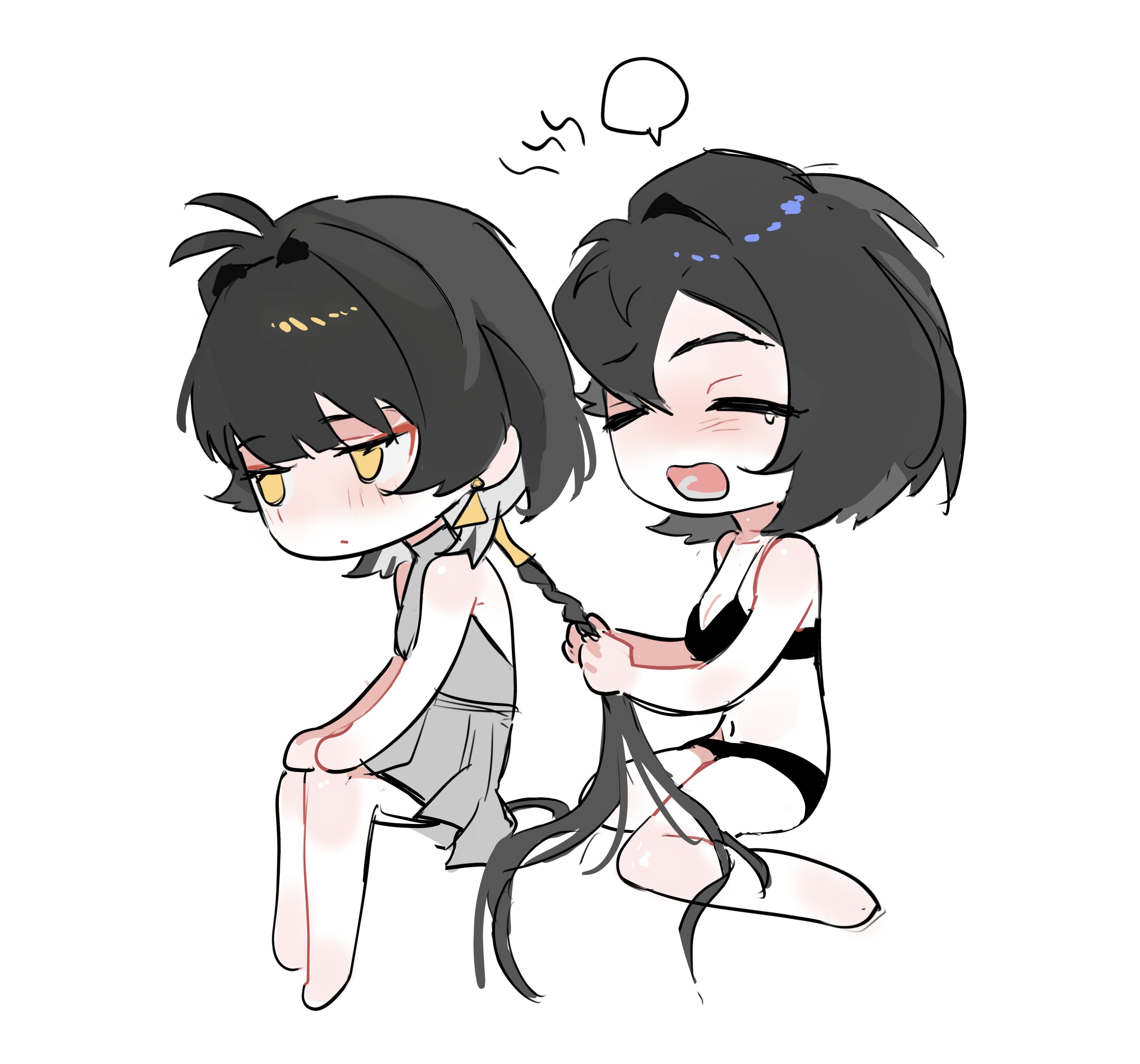 female protagonist (ananta), female rover (wuthering waves), rover (wuthering waves), ananta, wuthering waves, absurdres, highres, 2girls, 67992229, antenna hair, black bra, black hair, black panties, bra, braiding another's hair, breasts, chibi, chibi only, cleavage, closed eyes, closed mouth, couple, crossover, dress, from side, hair between eyes, light blush, long hair, medium breasts, multiple girls, navel, open mouth, panties, playing with another's hair, short hair, shy, simple background, sitting, speech bubble, stomach, tearing up, underwear, white background, yawning, yellow eyes, yuri