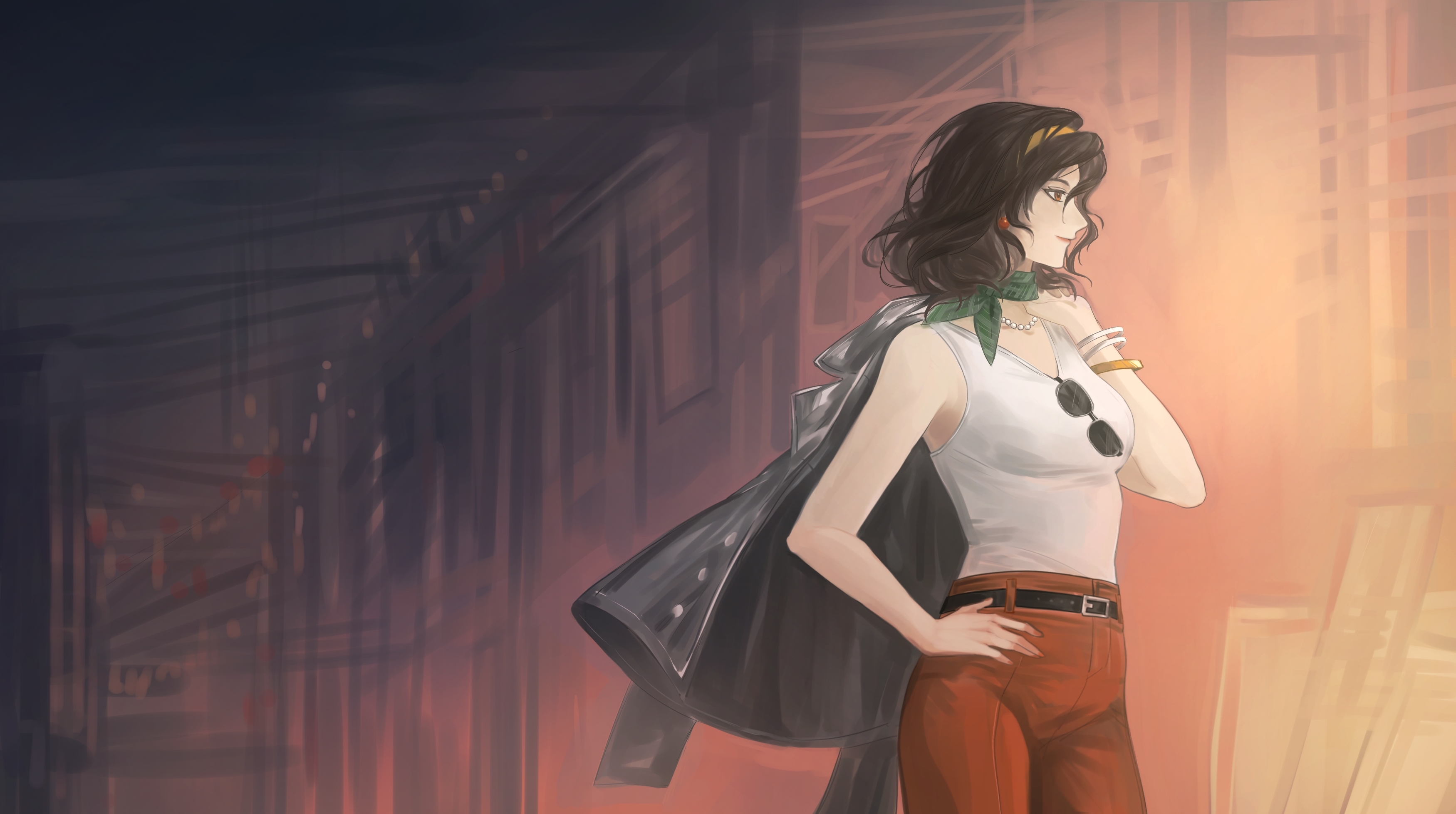 reverse:1999, absurdres, chinese commentary, commentary request, highres, 1girl, aged down, alley, black hair, black jacket, breasts, brown eyes, building, clothes over shoulder, cowboy shot, eyewear hang, from side, green neckerchief, hand on own hip, hand up, holding, holding unworn clothes, jacket, neckerchief, night, noire (reverse:1999), outdoors, pants, profile, red pants, short hair, smile, solo, sunglasses, tank top, unworn eyewear, white tank top, xuni shijie de yingwuji