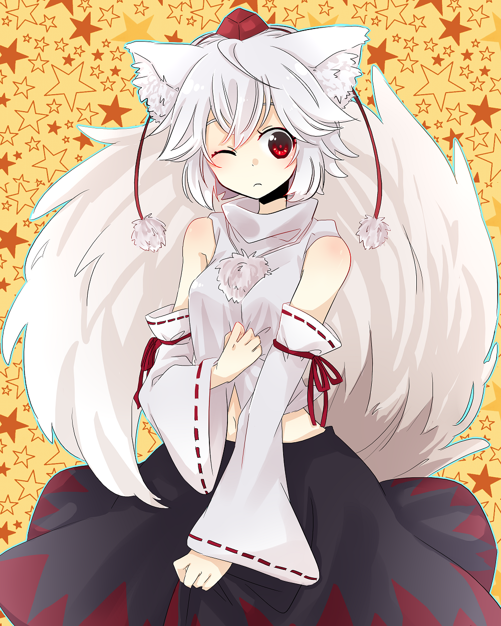 rossons, tooru (jux), inubashiri momiji, touhou, bad id, bad pixiv id, highres, 1girl, animal ears, detached sleeves, female focus, hat, red eyes, short hair, skirt hold, solo, tail, tokin hat, white hair, wolf ears, wolf tail