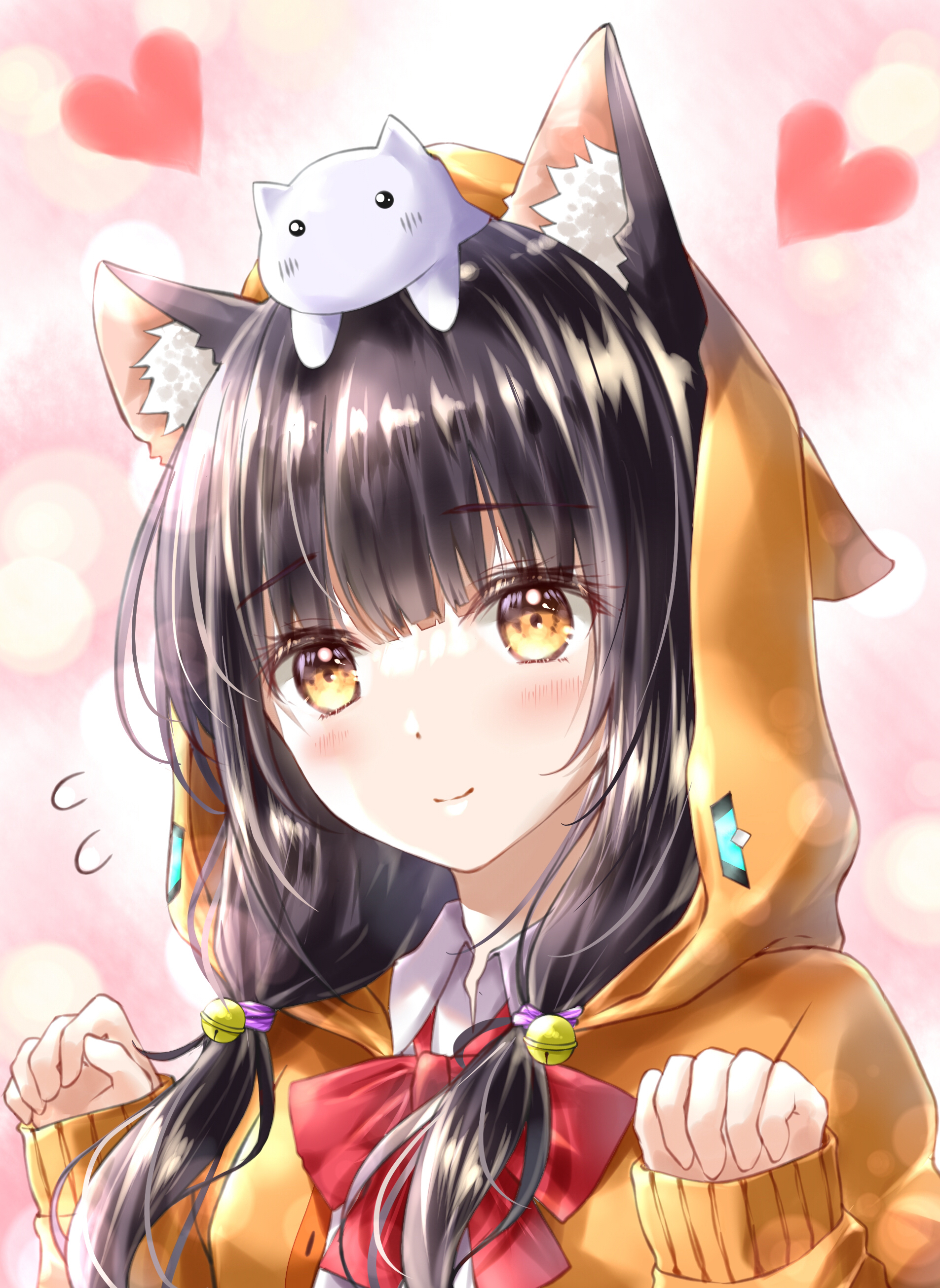 ayaro (genkiloobaii), asakura karen (heaven burns red), heaven burns red, absurdres, commentary request, highres, 1girl, animal, animal ear fluff, animal ear hood, animal ears, animal on head, bell, black hair, blunt bangs, blush, bow, bowtie, cat, cat ears, cat girl, cat on head, closed mouth, eyelashes, fake animal ears, flying sweatdrops, hair bell, hair ornament, hands up, heart, hood, hood up, hoodie, jingle bell, kemonomimi mode, long hair, looking at viewer, low twintails, on head, orange hoodie, paw pose, pink background, red bow, red bowtie, simple background, sleeves past wrists, smile, solo, split mouth, twintails, upper body, white cat, yellow eyes