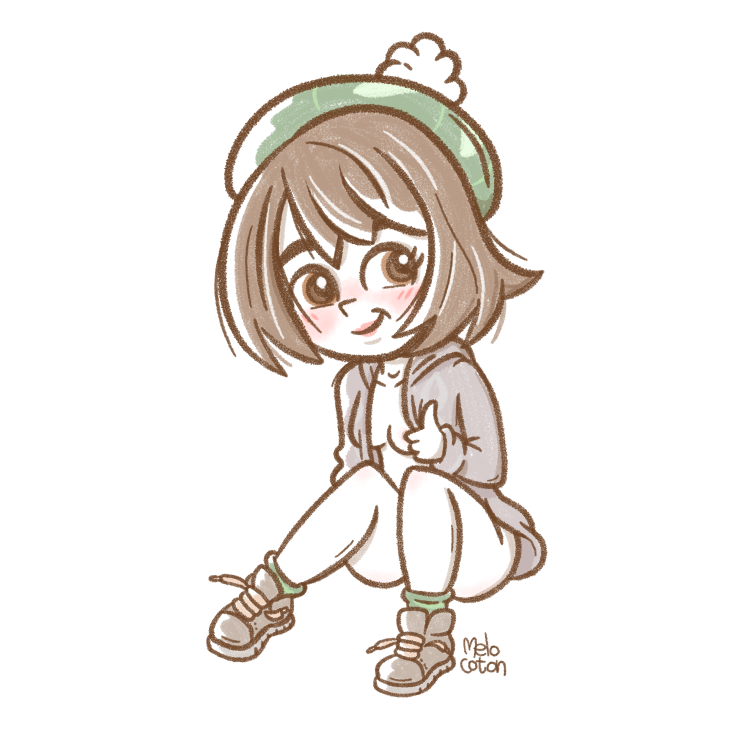 gloria (pokemon), nintendo, pokemon, commentary, english commentary, boots, brown boots, brown eyes, cape, chibi, green cape, green hat, green socks, grey sweater, hat, melo coton, seductive smile, short hair, smile, socks, sweater