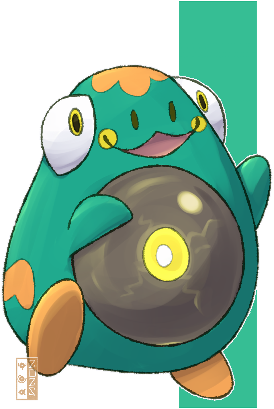 dualcosmog, bellibolt, nintendo, pokemon, commentary, highres, looking at viewer, no humans, open mouth, outline, pokemon (creature), solo, white outline