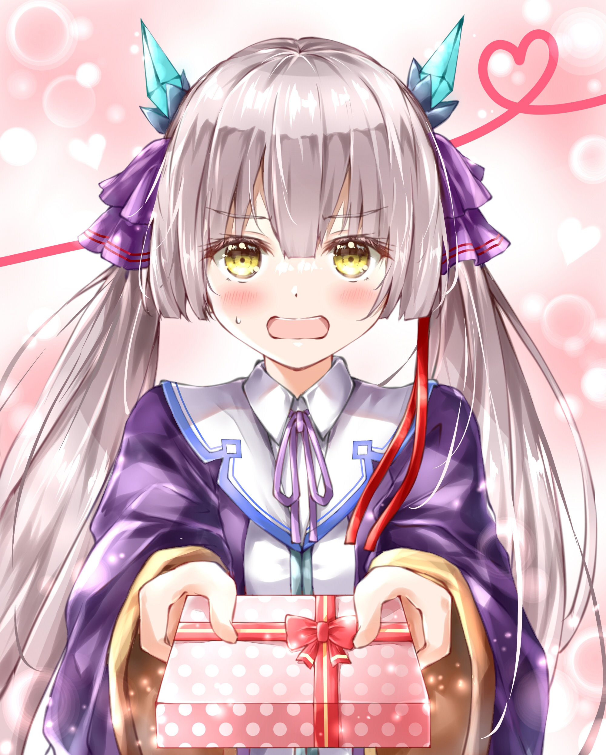 ayaro (genkiloobaii), ogasawara hisame, heaven burns red, absurdres, commentary request, highres, 1girl, blunt bangs, blunt ends, blush, brown hair, collared shirt, embarrassed, eyes visible through hair, gift, hair ribbon, heart, heart of string, hime cut, holding, holding gift, horns, jewelry, long hair, long sleeves, looking at viewer, neck ribbon, open mouth, pink background, pov, purple ribbon, purple robe, ribbon, robe, shirt, sidelocks, simple background, solo, story in commentary, straight-on, sweatdrop, teeth, twintails, upper body, upper teeth only, v-shaped eyebrows, valentine, very long hair, white hair, white shirt, wide sleeves, yellow eyes