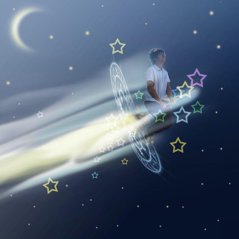 kirisame marisa, blazing star, touhou, 1girl, cosplay, female focus, goding, gradient background, kirisame marisa (cosplay), outdoors, school uniform, sky, solo