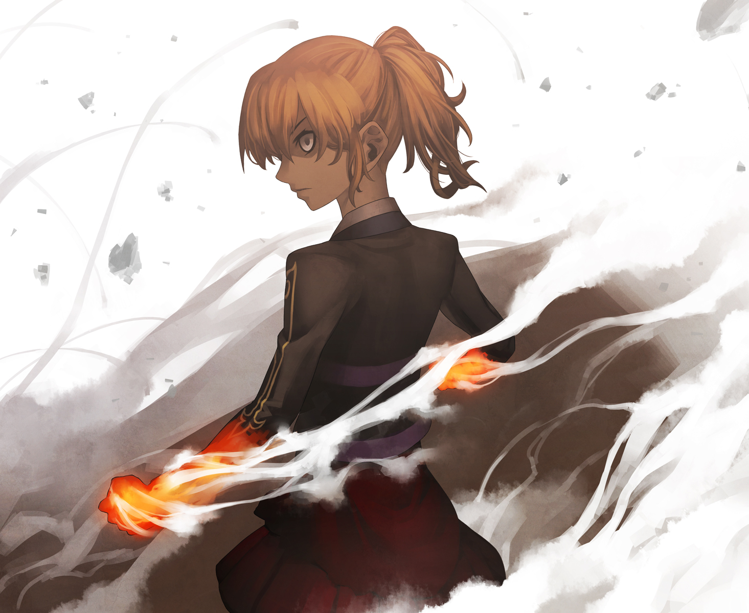 kunieda, ushiromiya jessica, umineko no naku koro ni, highres, 00s, 1girl, blonde hair, female focus, fire, flaming hand, grey eyes, ponytail, skirt, smoke, solo
