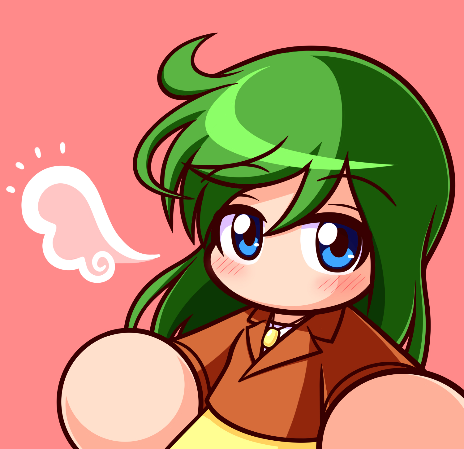 asouuuu, nozaki iori, jikkyou powerful pro yakyuu, power pro kun pocket, power pro kun pocket 9, commentary request, highres, 1girl, blue eyes, brown coat, coat, green hair, jewelry, jikkyou powerful pro yakyuu (style), long hair, looking at viewer, necklace, no mouth, pink background, rayman limbs, shirt, skirt, solo, white shirt, yellow skirt