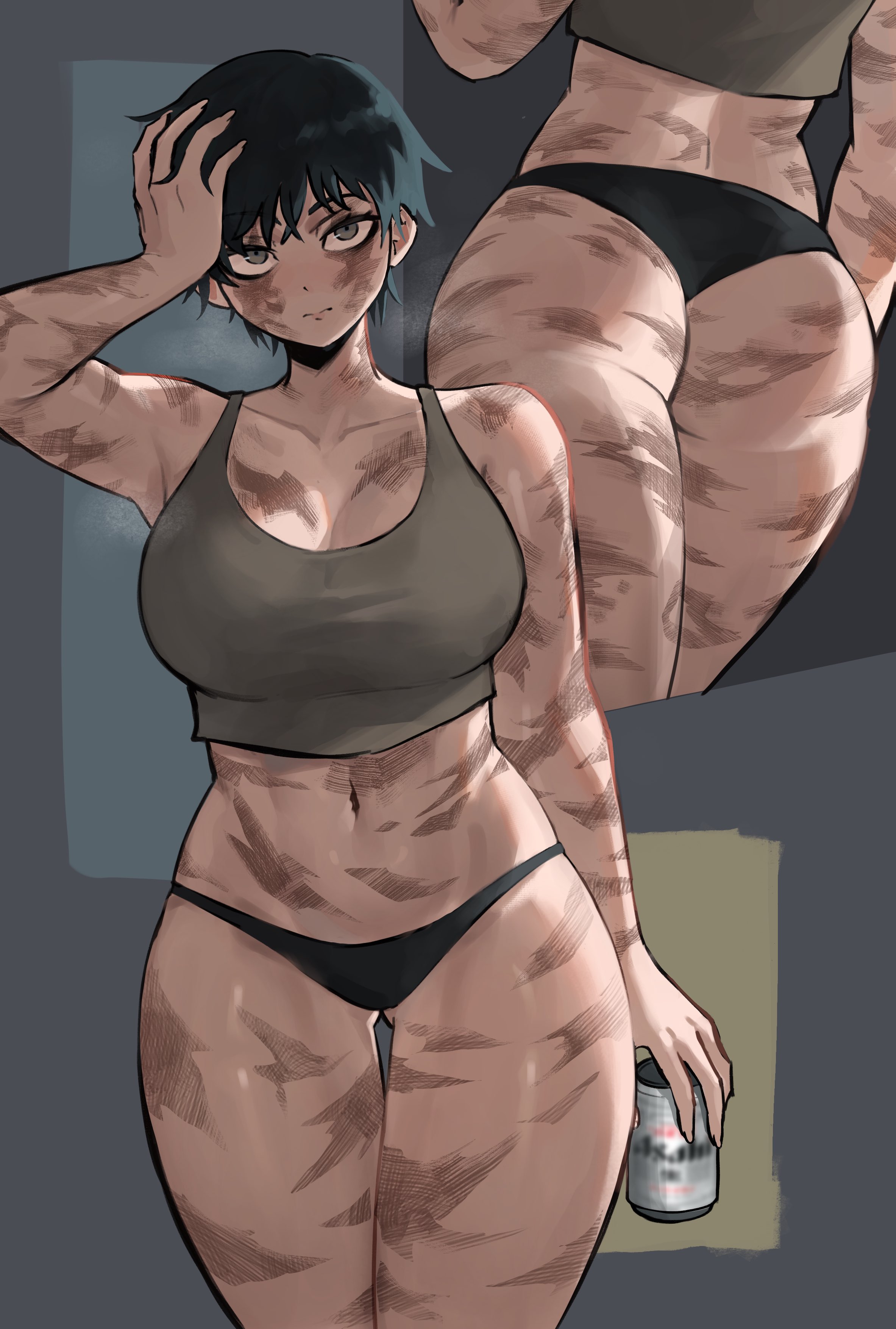sagaandersart, zen'in maki, asahi breweries, jujutsu kaisen, absurdres, commentary, english commentary, highres, 1girl, alcohol, ass, beer, beer can, black panties, burn scar, can, drink can, from behind, green hair, holding, holding can, multiple scars, muscular, muscular female, panties, scar, scar on arm, scar on back, scar on breasts, scar on leg, scars all over, short hair, solo, too many, underwear