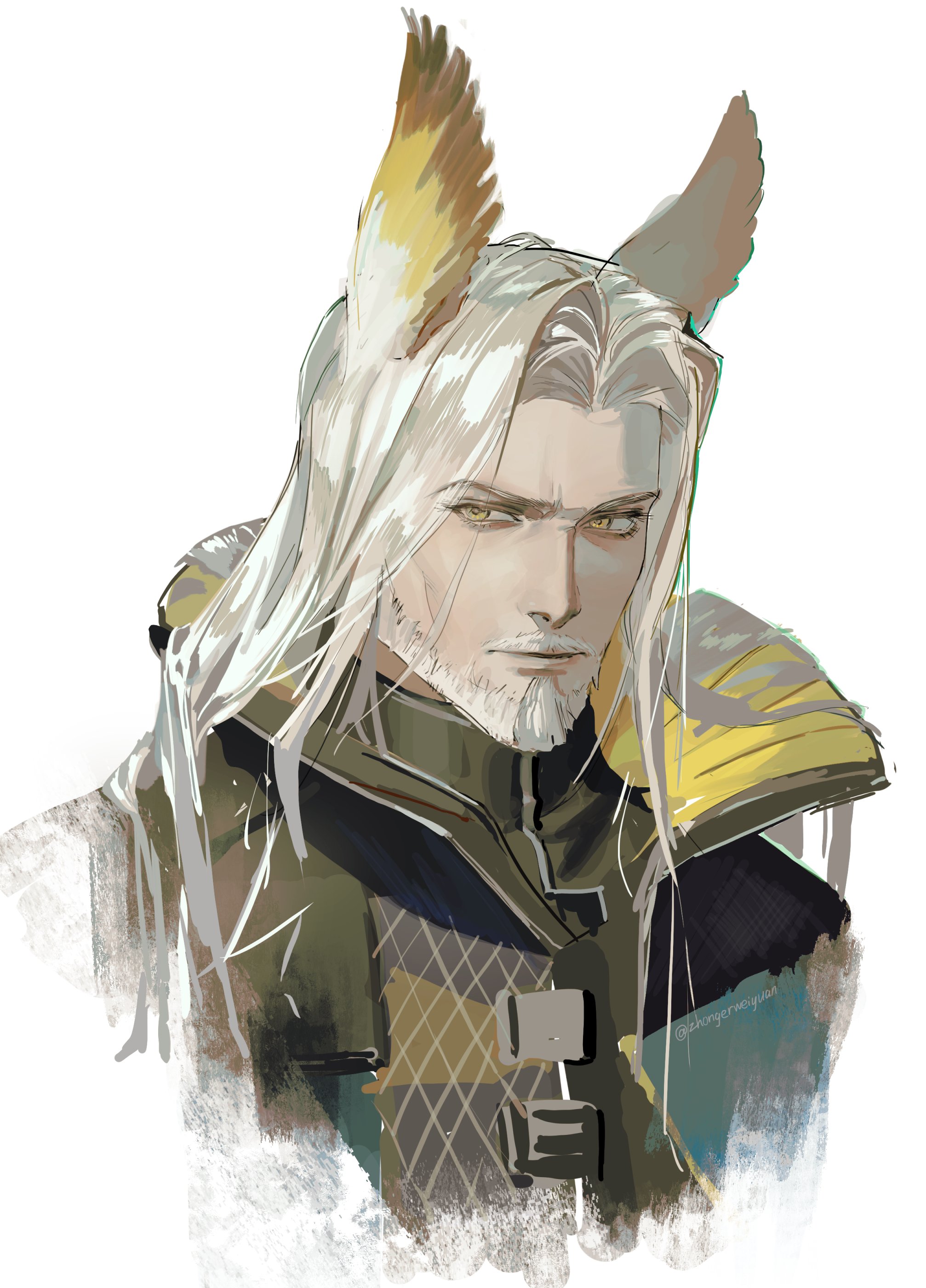 zhongerweiyuan, hellagur (arknights), arknights, absurdres, commentary, highres, 1boy, beard, black jacket, closed mouth, cropped shoulders, facial hair, hair intakes, head wings, jacket, long hair, male focus, mustache, simple background, solo, white background, white hair, wings, yellow eyes