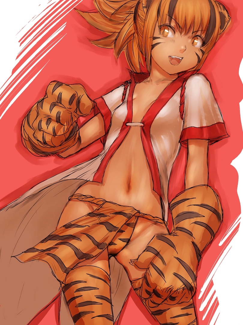 fumio (rsqkr), original, character request, 1girl, animal hands, animal print, breasts, center opening, cleavage, female focus, flat chest, fundoshi, gloves, japanese clothes, matching hair/eyes, midriff, navel, new year, orange eyes, orange hair, slit pupils, solo, tan, thighhighs, tiger paws, tiger print