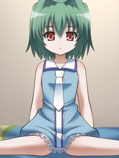 awa, shizuku (omamori himari), omamori himari, 1girl, dress, female focus, gradient background, green hair, red eyes, sitting, solo, wariza