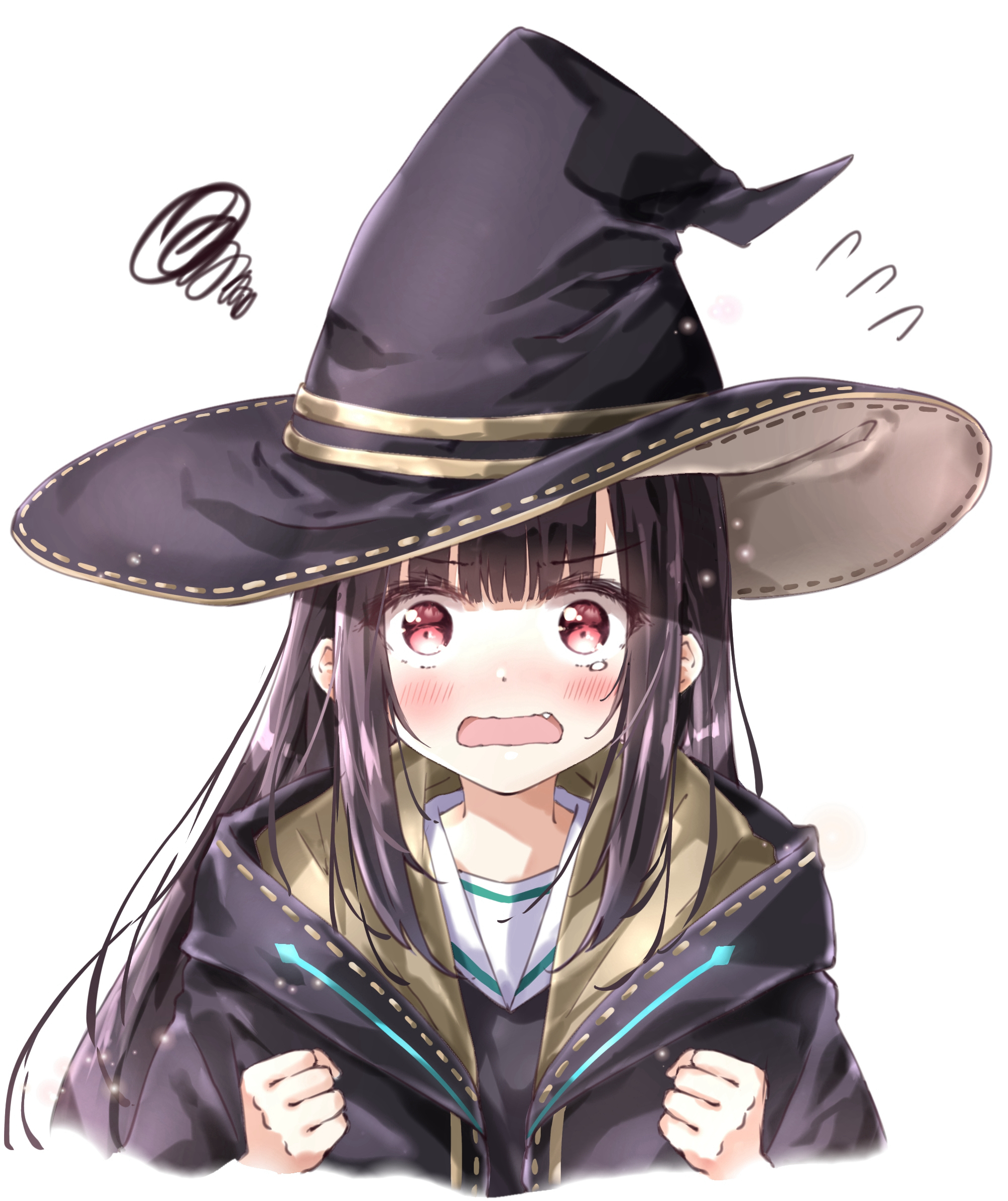 ayaro (genkiloobaii), tenne miko, heaven burns red, commentary request, highres, 1girl, alternate hairstyle, black hair, black hat, black robe, blunt bangs, blush, clenched hands, cropped torso, embarrassed, fang, flying sweatdrops, hat, long hair, long sleeves, looking at viewer, open mouth, portrait, red eyes, robe, shirt, sidelocks, simple background, solo, squiggle, straight hair, tearing up, upper body, very long hair, wavy mouth, white background, white shirt, wide-eyed, witch, witch hat