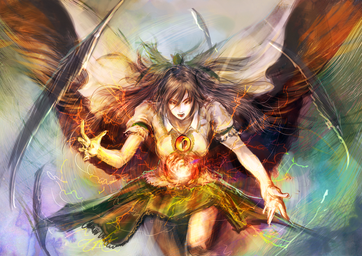hayaken sarena, reiuji utsuho, touhou, bad id, bad pixiv id, 1girl, black hair, female focus, hair between eyes, solo, wings