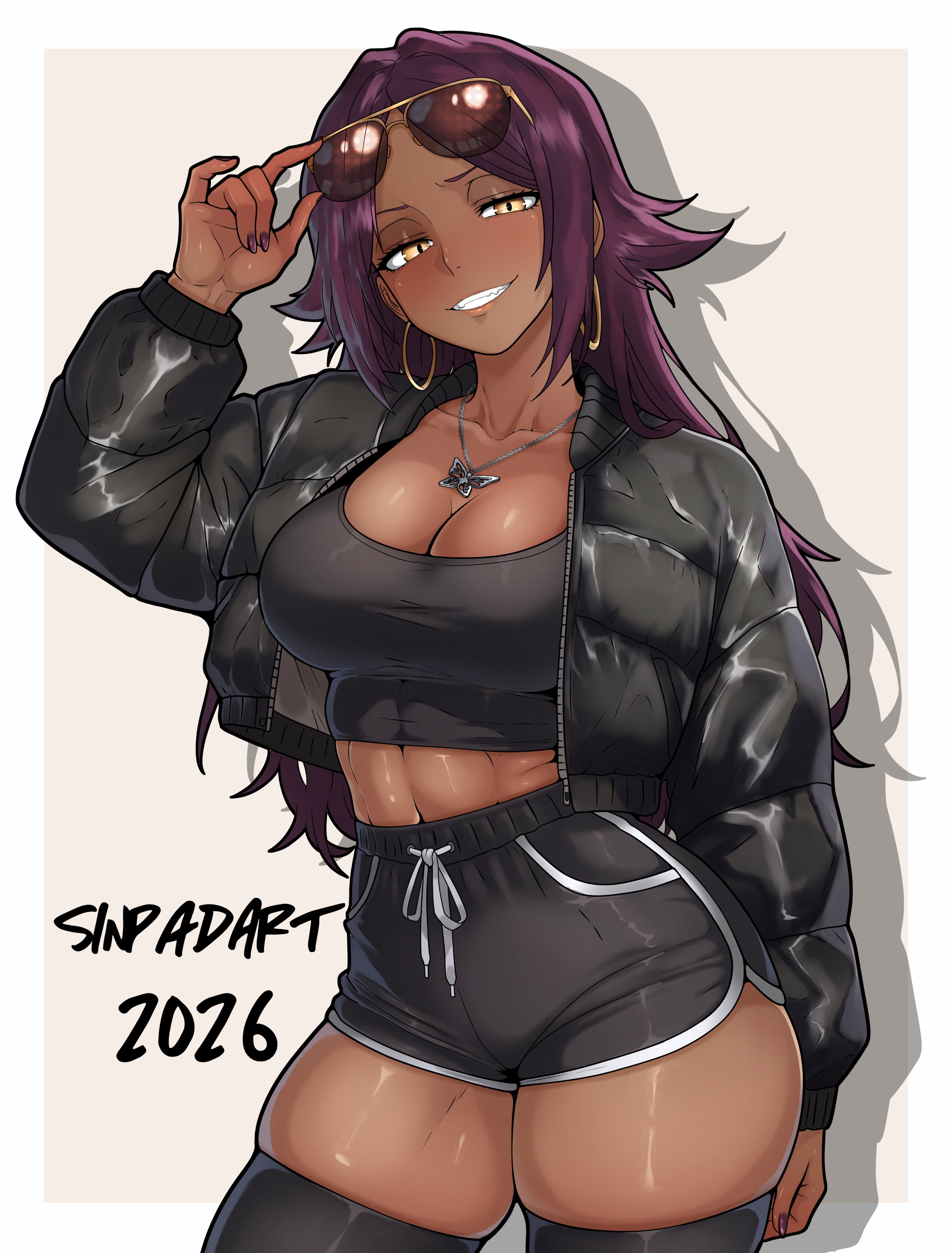 sinpadart, shihouin yoruichi, bleach, absurdres, commentary, english commentary, highres, 1girl, 2026, abs, adjusting eyewear, alternate costume, artist name, aviator sunglasses, black jacket, black shorts, black sports bra, black thighhighs, border, breasts, butterfly necklace, cleavage, collarbone, contrapposto, crop top, dark-skinned female, dark skin, dolphin shorts, down jacket, drawstring, earrings, eyewear on head, grin, hair down, hand up, hoop earrings, jacket, jewelry, large breasts, long hair, looking at viewer, midriff, navel, parted bangs, purple hair, purple nails, shadow, short shorts, shorts, skindentation, smile, solo, sports bra, sunglasses, thick thighs, thighhighs, thighs, tied drawstring, toned, toned female, very long hair, white border, yellow eyes