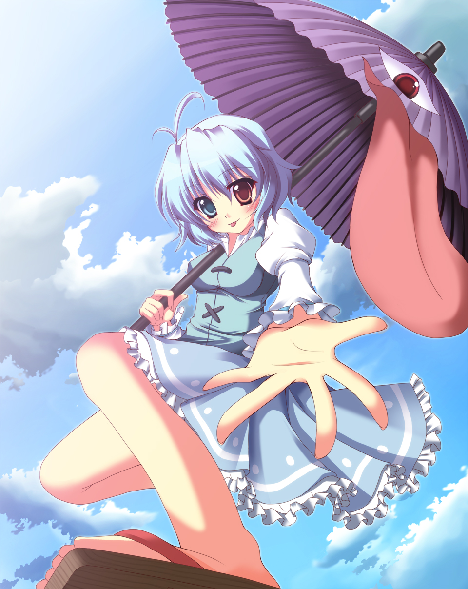 a flow, tatara kogasa, touhou, bad id, bad pixiv id, highres, 1girl, :p, ahoge, blue eyes, blue hair, cloud, female focus, heterochromia, karakasa obake, outdoors, outstretched arm, outstretched hand, reaching, red eyes, sandals, short hair, sky, solo, tongue, tongue out, umbrella