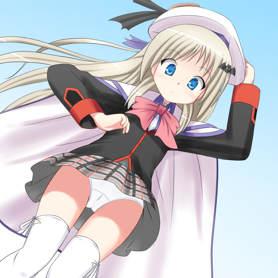 hiraizumi (mugenkidousha), noumi kudryavka, little busters!, 1girl, blonde hair, blue eyes, bow, cape, female focus, from below, hat, long hair, panties, pantyshot, pink bow, school uniform, solo, thighhighs, underwear, upskirt