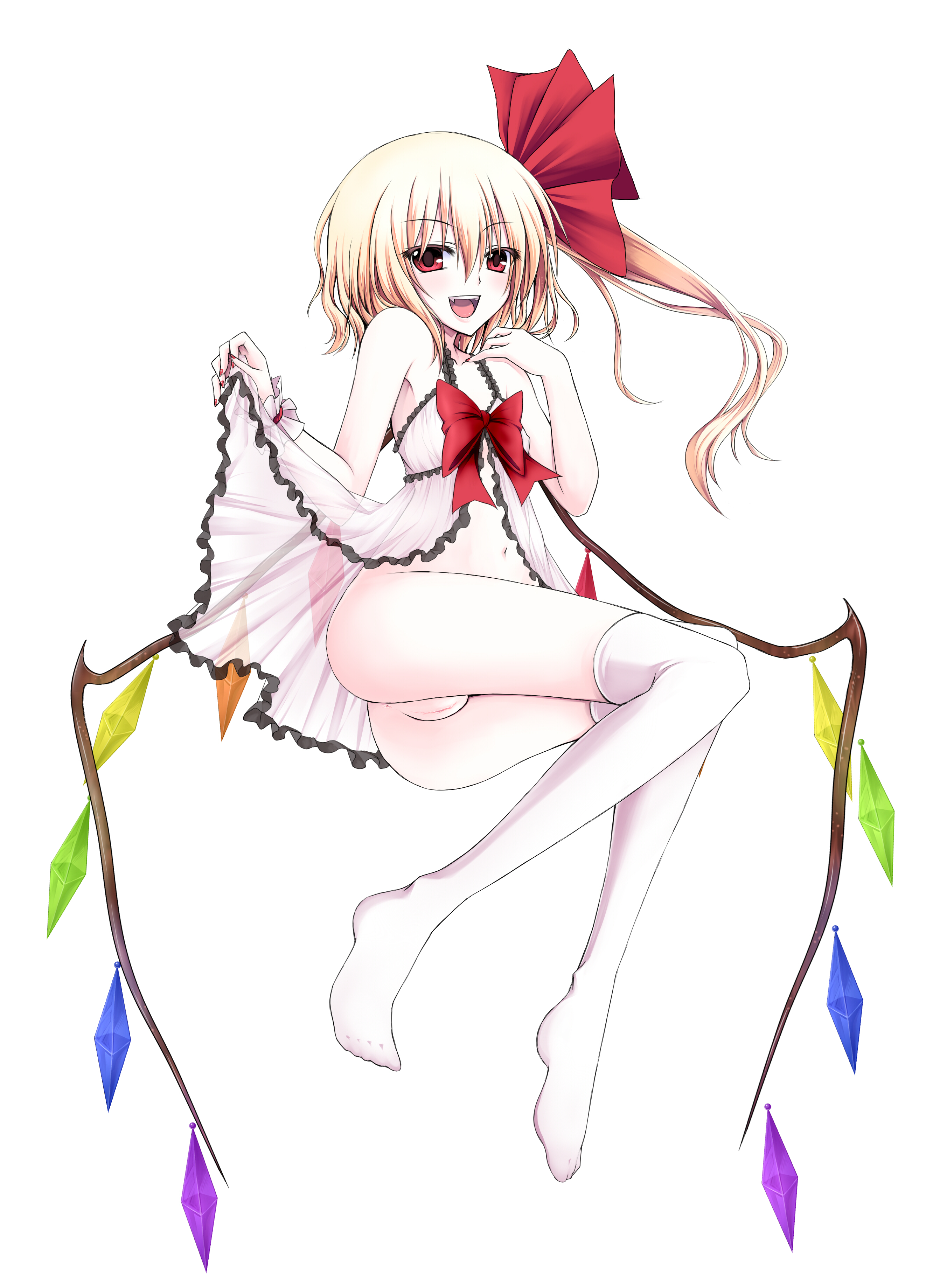 utakata (kochou no yume), flandre scarlet, embodiment of scarlet devil, touhou, absurdres, highres, 1girl, ass, asymmetrical hair, babydoll, blonde hair, bow, fangs, feet, female focus, hat, legs, lingerie, looking at viewer, nail polish, naughty face, navel, negligee, no panties, open mouth, ponytail, pussy, red eyes, red nails, see-through clothes, short hair, side ponytail, simple background, smile, solo, thighhighs, uncensored, underwear, white thighhighs, wings