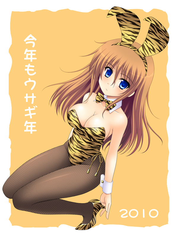 masakichi (crossroad), original, translation request, 10s, 1girl, 2010, animal ears, animal print, bare shoulders, blue eyes, blush, bow, bowtie, breasts, brown hair, cleavage, fake animal ears, female focus, fishnet pantyhose, fishnets, kneeling, legs, long hair, looking at viewer, pantyhose, playboy bunny, rabbit ears, serious, shoes, shy, solo, tiger print, wrist cuffs