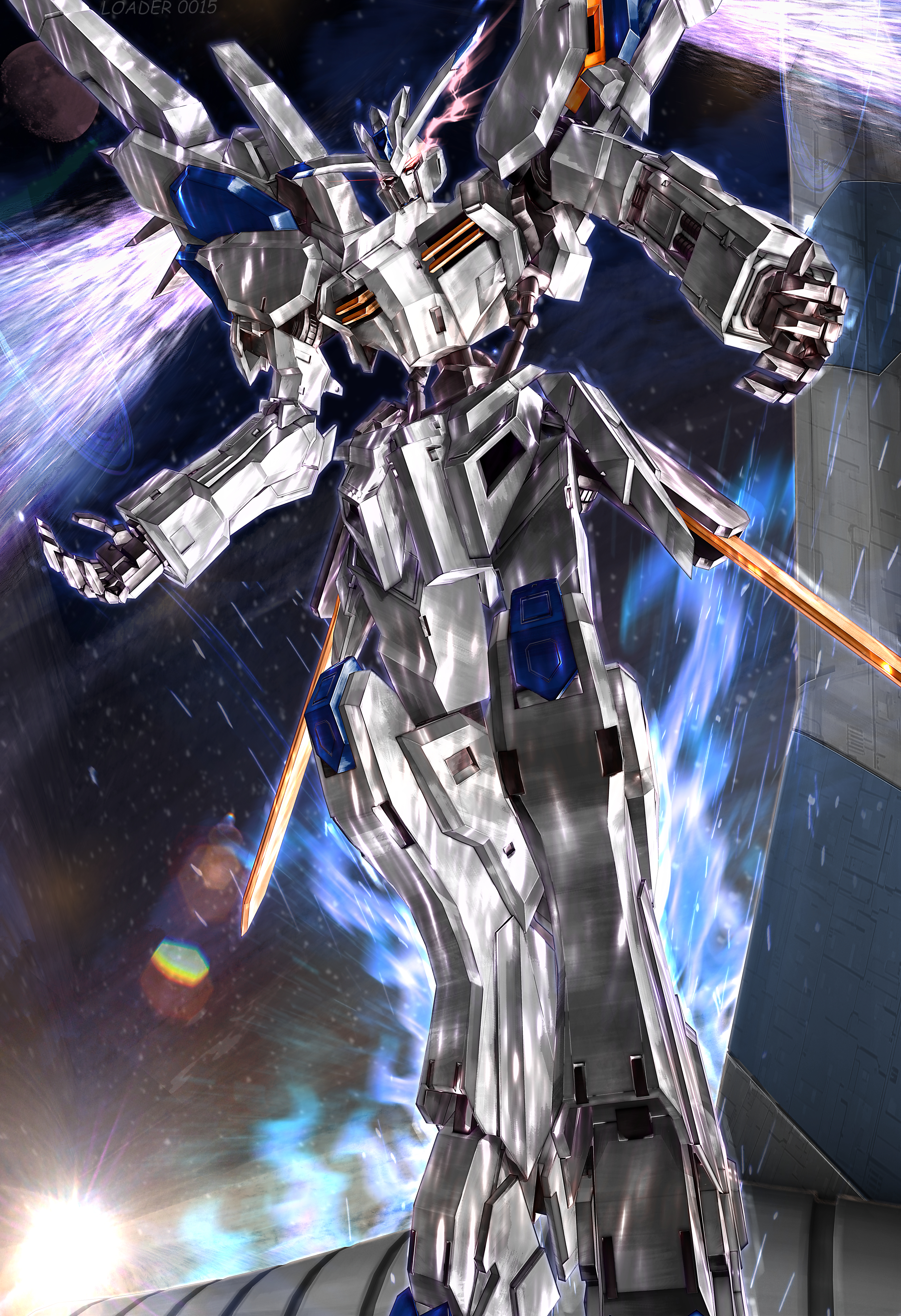 gundam bael, gundam, gundam tekketsu no orphans, absurdres, commentary request, highres, eye trail, glowing, glowing eyes, light trail, loader-0015, mecha, mechanical wings, mobile suit, no humans, pink eyes, robot, science fiction, solo, thrusters, v-fin, wings