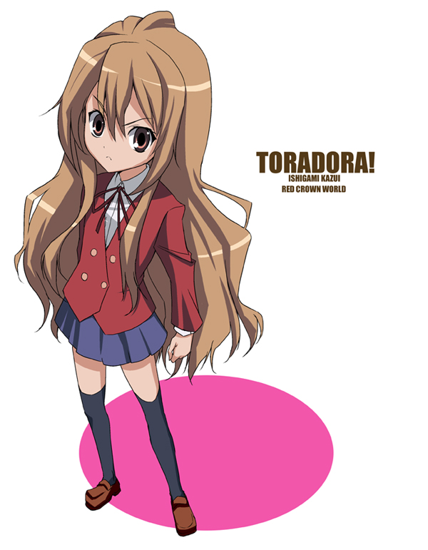 ishigami kazui, aisaka taiga, toradora!, bad id, bad pixiv id, 00s, 1girl, brown eyes, brown hair, female focus, long hair, perspective, school uniform, solo, thighhighs