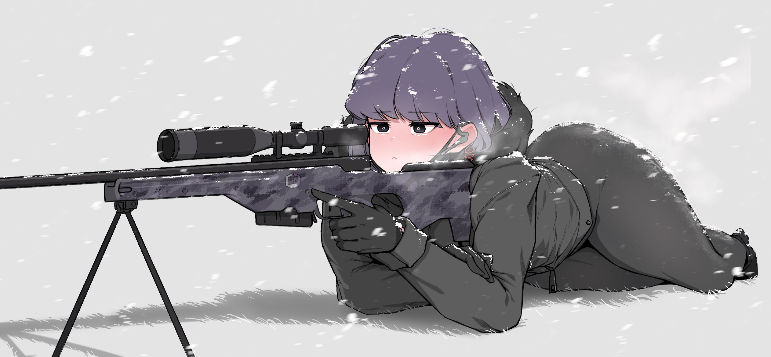 oddsnail, original, commentary, english commentary, highres, 1girl, bipod, black eyes, black gloves, black jacket, black pants, black shoes, closed mouth, earpiece, full body, fur-trimmed hood, fur trim, gloves, grey background, gun, holding, holding gun, holding weapon, hood, jacket, lee do-eun (oddsnail), long sleeves, looking through scope, lying, pants, purple hair, rifle, scope, shoes, sniper rifle, snowing, solo, weapon