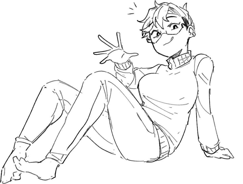 mir (miryumiya), original, commentary, english commentary, 1girl, :q, barefoot, breasts, ear piercing, eyelashes, full body, glasses, greyscale, long sleeves, monochrome, notice lines, pants, piercing, rebecca joy (miryumiya), semi-rimless eyewear, short hair, simple background, sitting, sketch, smile, solo, sweater, tongue, tongue out, very short hair, white background