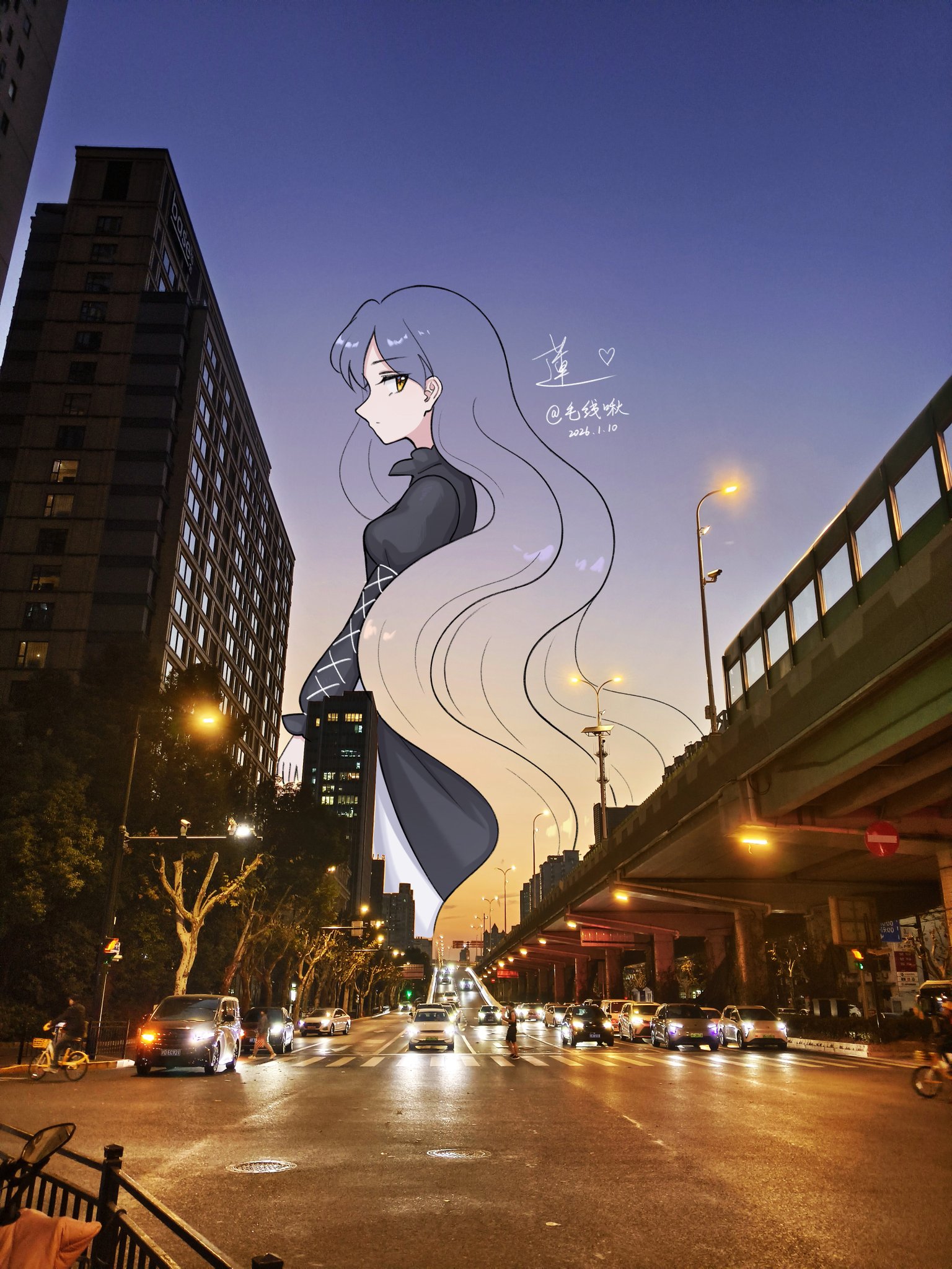 kiri (maoxianjiu), hijiri byakuren, touhou, check commentary, commentary, commentary request, highres, 1girl, black dress, blonde hair, dress, gradient hair, long hair, looking at viewer, multicolored hair, nose, photo background, puffy sleeves, purple hair, yellow eyes