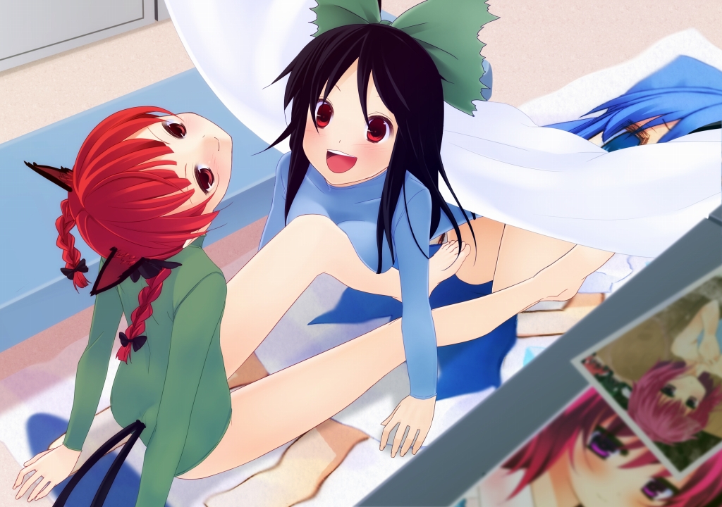 nigo (aozoragarou), cirno, kaenbyou rin, komeiji satori, reiuji utsuho, touhou, 2girls, animal ears, barefoot, blue leotard, bow, braid, cat ears, cat girl, cat tail, extra ears, feet, female focus, hair ribbon, leotard, long hair, multiple girls, multiple tails, red eyes, red hair, ribbon, short hair, smile, tail, twin braids, twintails, wings