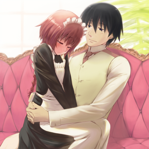 kanna asuke, hei (darker than black), suou pavlichenko, darker than black, victorian romance emma, 1boy, 1girl, alternate costume, blush, braid, couch, enmaided, formal clothes, full-face blush, hetero, hug, looking down, maid, parody, petite, ponytail, red hair, short hair, shy, single braid, sitting, sitting on lap, sitting on person, v arms
