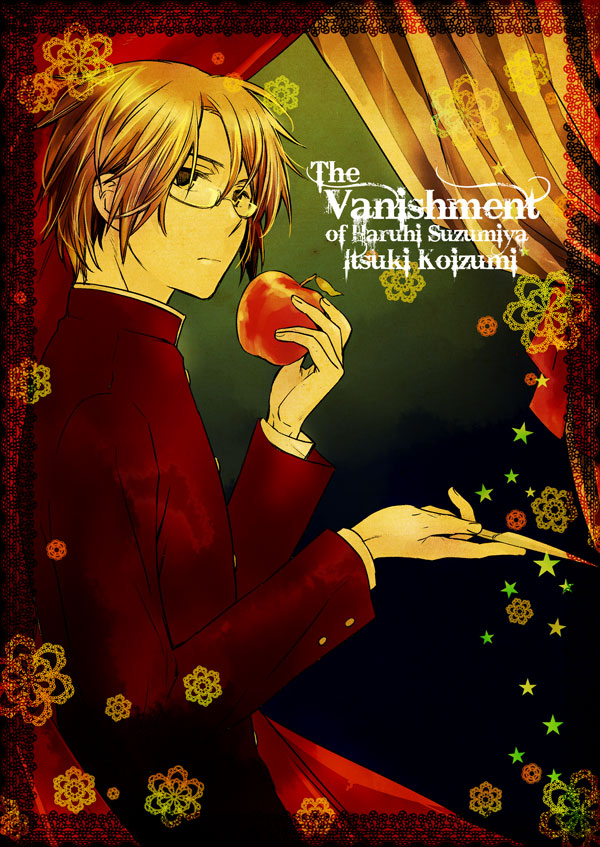 kuro (qqaid), koizumi itsuki, suzumiya haruhi no shoushitsu, suzumiya haruhi no yuuutsu, bad id, bad pixiv id, 00s, 10s, apple, food, fruit, glasses, knife, kouyouen academy school uniform, male focus, school uniform, sepia, solo