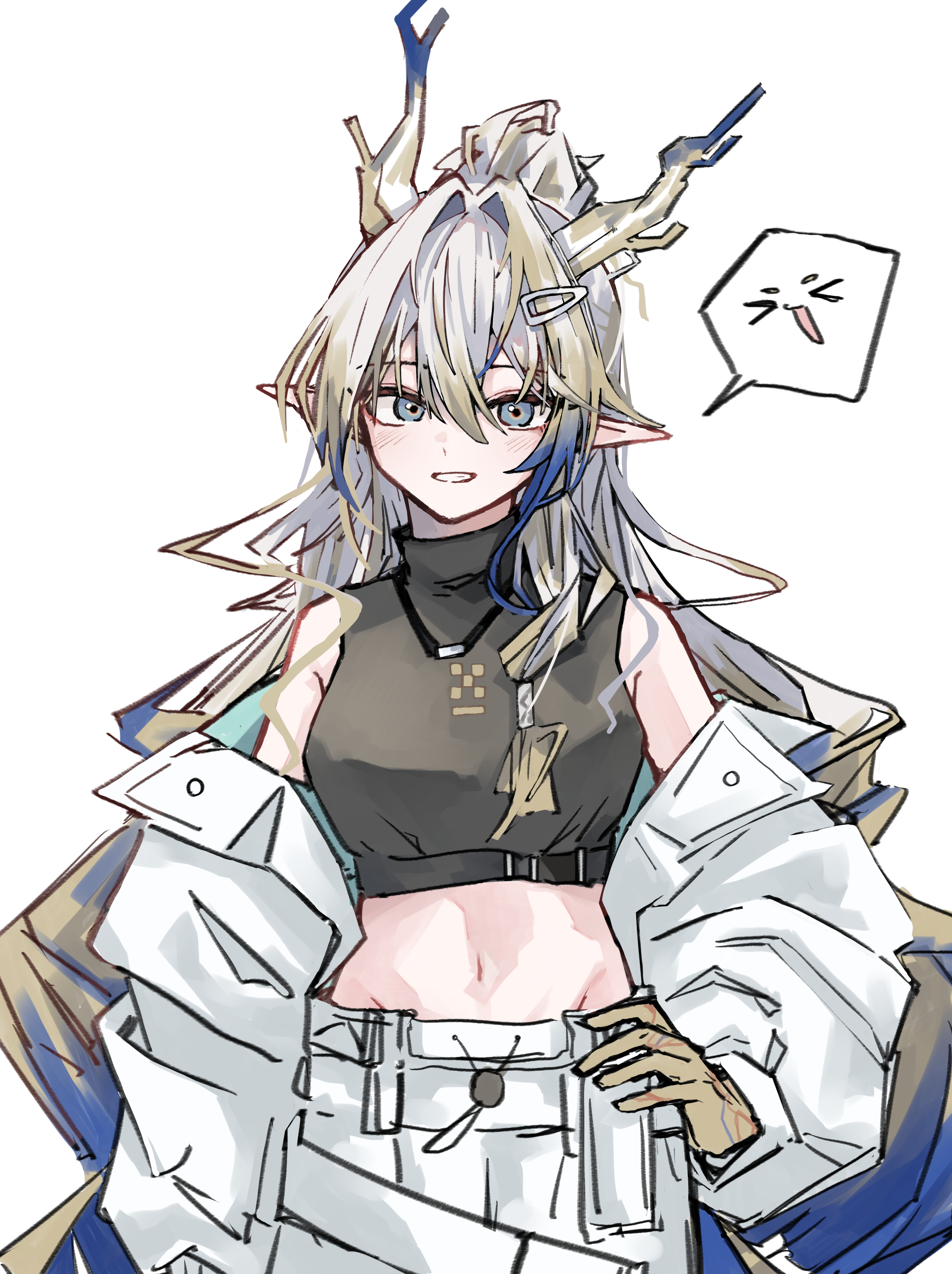 shu (arknights), arknights, absurdres, commentary, highres, revision, 1girl, :d, black shirt, blonde hair, blue hair, colored extremities, crop top, cropped shirt, dragon girl, dragon horns, grin, hair between eyes, hair ornament, hairclip, hand on own hip, horns, jacket, light blush, long hair, long sleeves, looking at viewer, moume a, multicolored hair, open mouth, pointy ears, shirt, simple background, sketch, sleeveless, sleeveless shirt, smile, solo, spoken expression, turtleneck, turtleneck shirt, white background, white hair, white jacket