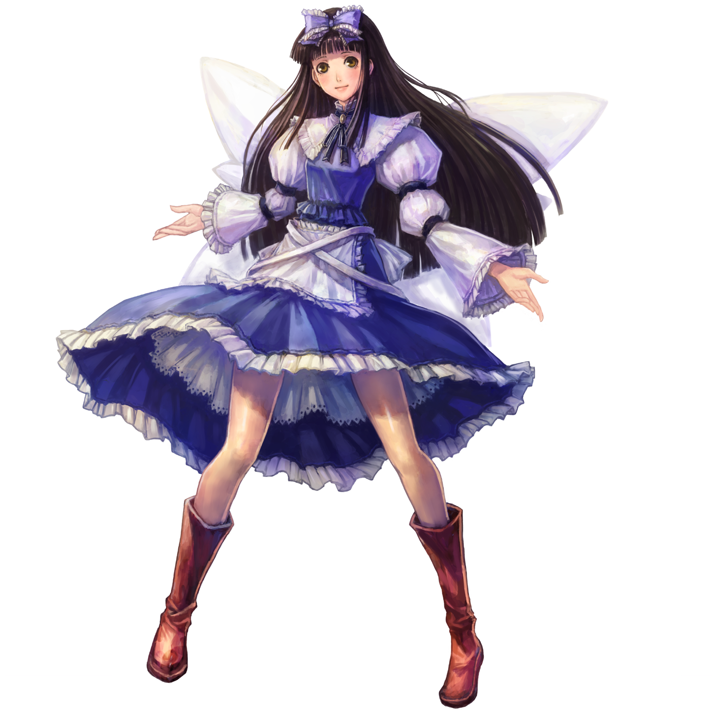 docoi, star sapphire, touhou, bad id, bad pixiv id, highres, 1girl, black hair, boots, brown boots, female focus, full body, long hair, solo, transparent background, wings, yellow eyes