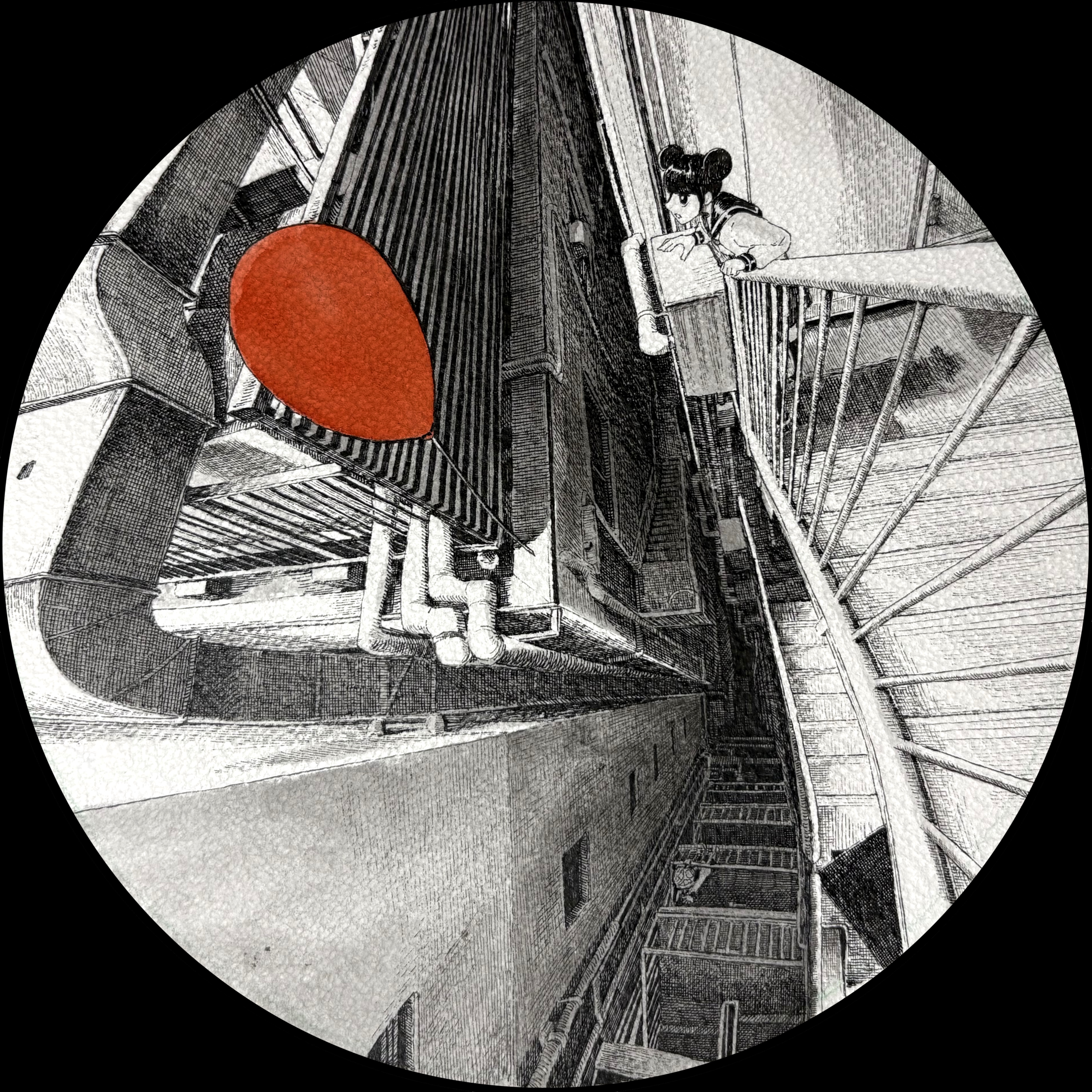 ibsukionsen, original, absurdres, commentary request, highres, traditional media, 2girls, alley, apartment, balcony, balloon, building, crying, double bun, fisheye, from above, greyscale, hair bun, industrial pipe, monochrome, multiple girls, reaching, round image, scenery, school uniform, serafuku, spot color