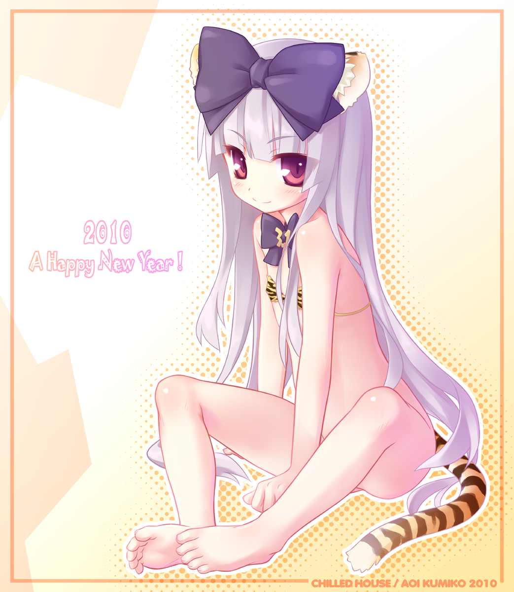 aoi kumiko, 3.1-tan, os-tan, silver hair, highres, 10s, 1girl, 2010, animal ears, barefoot, bikini, blush, bottomless, feet, female focus, flat chest, loli, long hair, new year, nipples, red eyes, ribbon, sitting, solo, swimsuit, tail, tiger ears