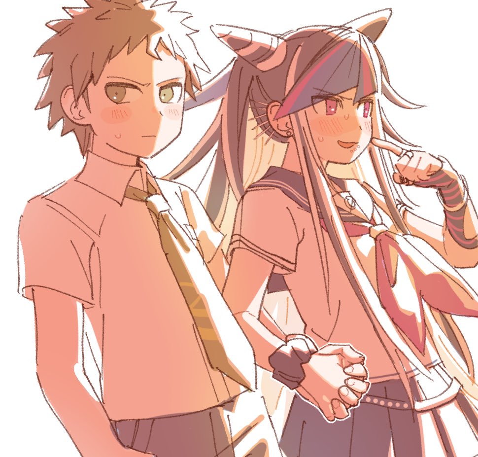 mei guchuan, hinata hajime, mioda ibuki, danganronpa (series), danganronpa 2: goodbye despair, commentary request, 1boy, 1girl, ahoge, blush, collared shirt, flipped hair, gloves, green necktie, hair horns, holding hands, long hair, messy hair, neckerchief, necktie, pink neckerchief, shirt, striped clothes, striped gloves