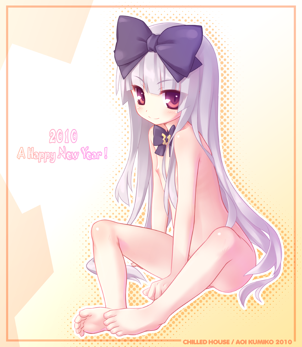 aoi kumiko, 3.1-tan, os-tan, silver hair, highres, 10s, 1girl, 2010, barefoot, blush, feet, feet together, female focus, flat chest, loli, long hair, new year, nipples, nude, red eyes, ribbon, sitting, soles, solo, toes