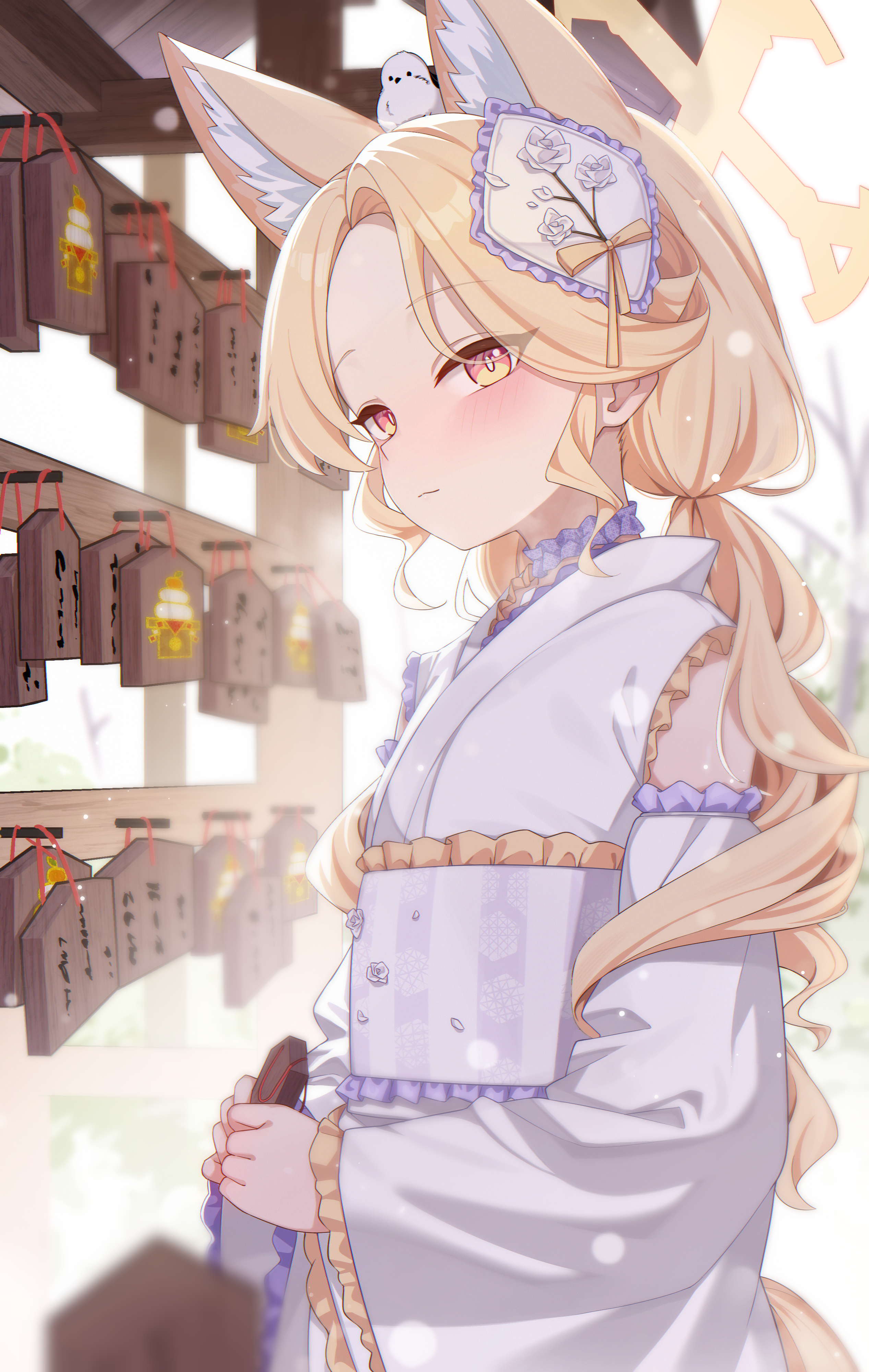 small rabbit, seia (blue archive), blue archive, absurdres, commentary request, highres, revision, 1girl, animal, animal ear fluff, animal ears, animal on head, bird, bird on head, blonde hair, blush, choker, closed mouth, cross halo, detached sleeves, ema, extra ears, forehead, fox ears, fox girl, fox tail, frilled choker, frilled kimono, frilled sleeves, frills, hair ornament, halo, holding, japanese clothes, kimono, long-tailed tit, long hair, long sleeves, looking at viewer, new year, obi, official alternate costume, on head, pink eyes, purple choker, sash, sleeveless, sleeveless kimono, solo, tail, tit (bird), very long hair, white bird, white kimono, wide sleeves, yellow eyes, yellow halo