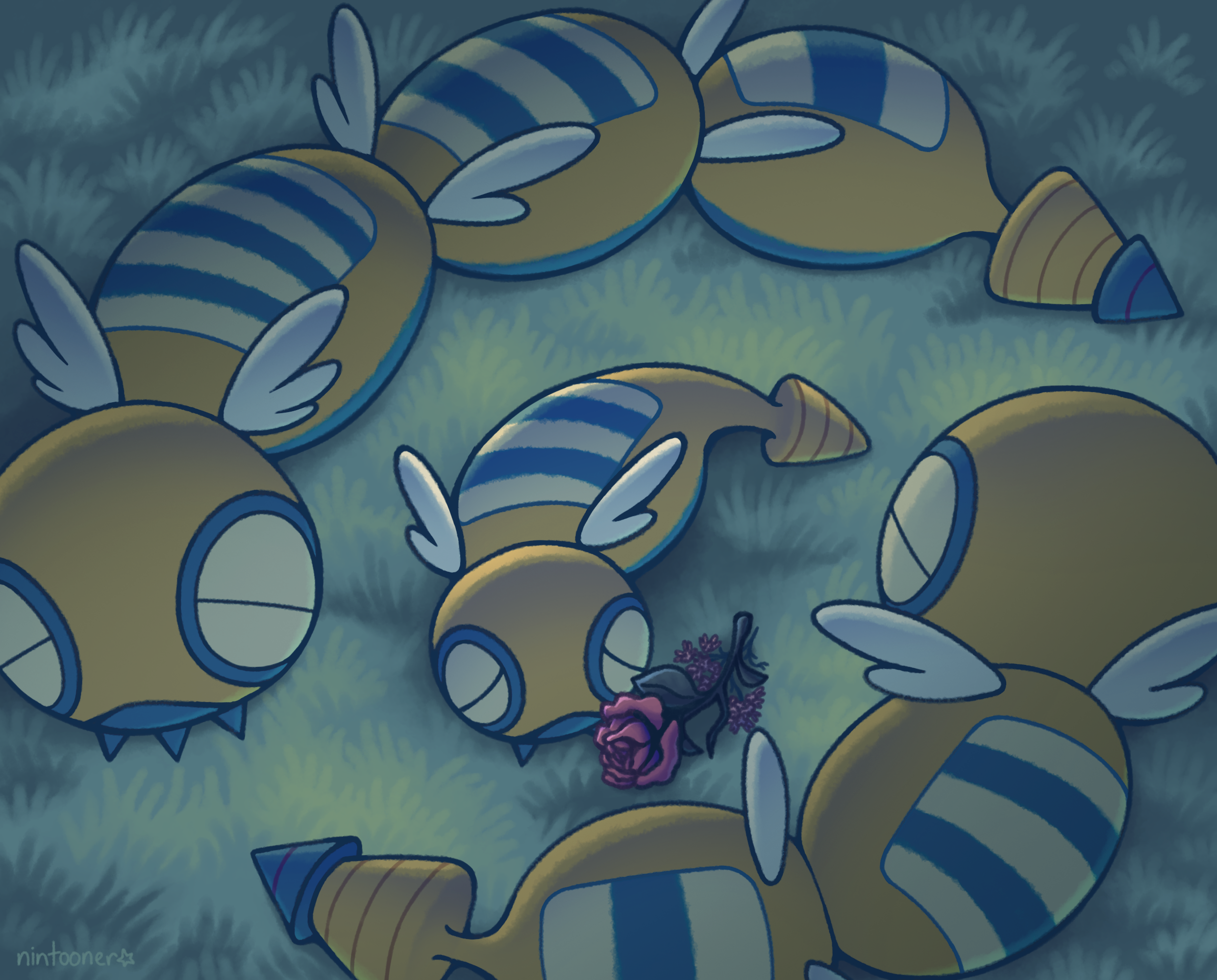 nintooner, dudunsparce, dudunsparce (three-segment), dudunsparce (two-segment), dunsparce, nintendo, pokemon, commentary, english commentary, highres, animal focus, closed eyes, closed mouth, evolutionary line, flower, gen 2 pokemon, grass, no humans, outdoors, pokemon (creature), pokemon focus, wings
