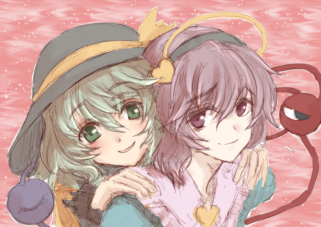 kuronuko neero, komeiji koishi, komeiji satori, touhou, 2girls, female focus, hat, multiple girls, siblings, sisters, sketch, upper body