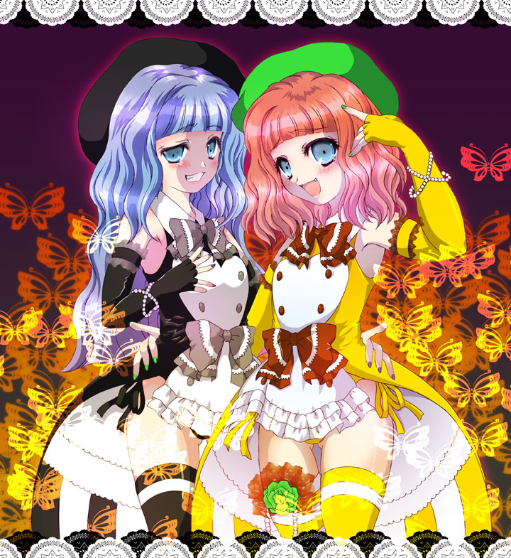 kin23, furfur, zepar, 07th expansion, no naku koro ni (series), umineko no naku koro ni, 00s, 1boy, 1girl, asymmetrical legwear, beads, blue eyes, blue hair, bow, brown bow, crossdressing, fingerless gloves, flower, gloves, green flower, green rose, hat, long hair, mismatched legwear, orange hair, red hair, ribbon, rose, thighhighs, trap