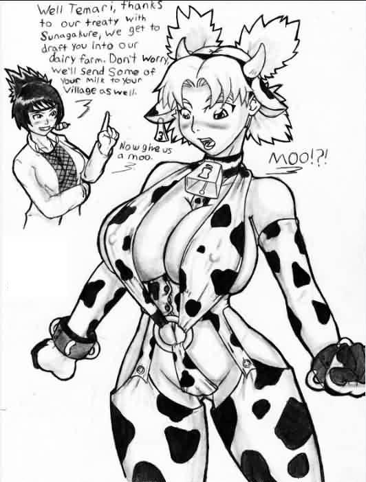 slashysmiley, mitarashi anko, temari (naruto), naruto (series), naruto, animal ears, animal print, bell, breasts, cleavage, collar, cow ears, cow girl, cow print, cowbell, horns, huge breasts, konoha farm, monochrome, neck bell, ponytail, quad tails, tag