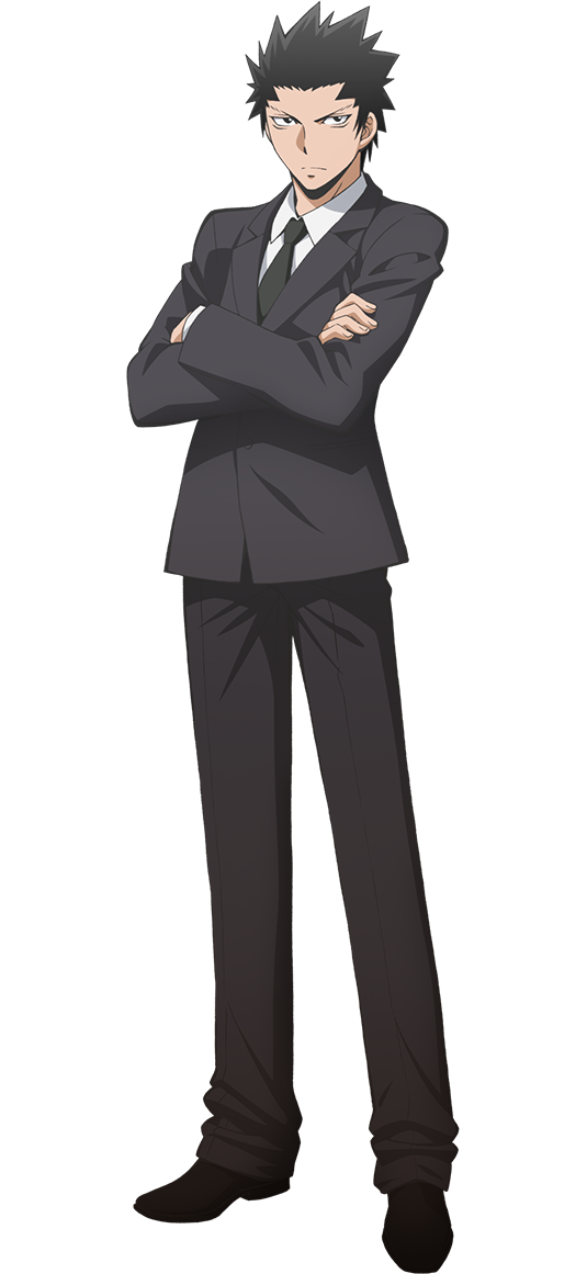 morita kazuaki, karasuma tadaomi, ansatsu kyoushitsu, official art, 1boy, anime coloring, black hair, black jacket, black necktie, black pants, black shoes, closed mouth, collared shirt, crossed arms, frown, full body, jacket, male focus, necktie, pants, shirt, shoes, simple background, solo, standing, tachi-e, transparent background, white shirt