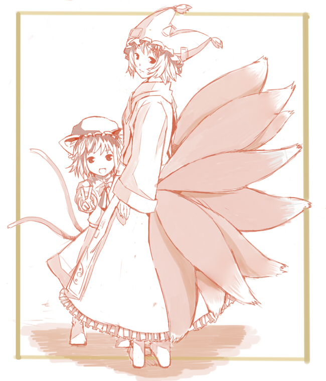 iruma (artist), iruma (ikutomi), chen, yakumo ran, touhou, bad id, bad pixiv id, 2girls, animal ears, border, cat ears, cat girl, cat tail, female focus, fox tail, from behind, looking back, monochrome, multiple girls, multiple tails, pink theme, tail, v